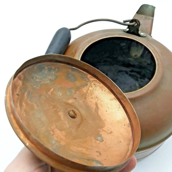 Large Copper Stovetop Tea Kettle Wooden Handle 7 inch Coffee Pot Wood Stove VTG - Picture 5 of 11